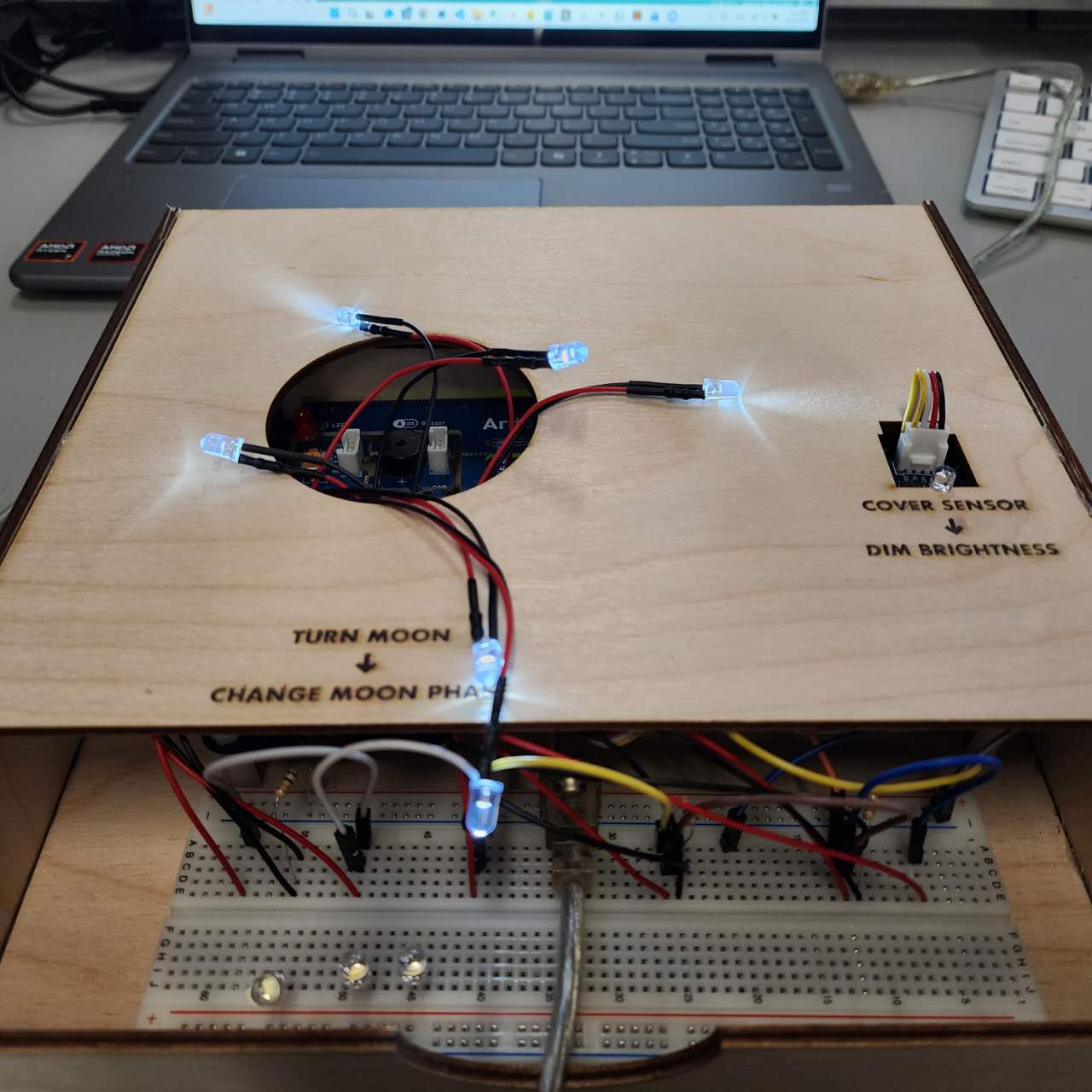 Discovered that the LED string concept is not ideal as it's not bright enough to be seen even in a dark environment.
